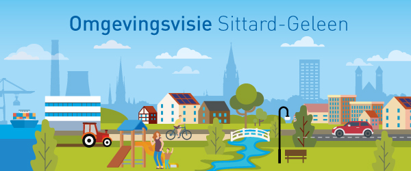 Getekende omgeving Sittard-Geleen met skyline op de achtergrond